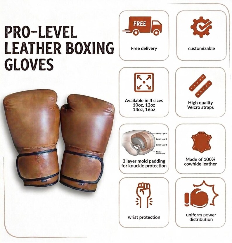 May include: A pair of brown leather boxing gloves with black trim and Velcro wrist straps. The image includes text stating PRO-LEVEL LEATHER BOXING GLOVES, available in 10oz, 12oz, 14oz, and 16oz sizes, featuring 3-layer mold padding for knuckle protection.