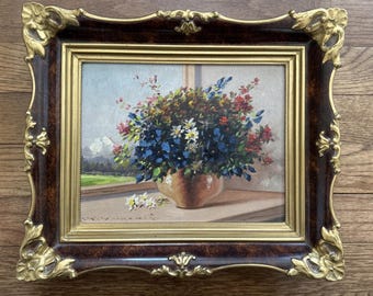 German Oil Painting | Still Life with Mountains | Ornate Frame | 11'' x 13''