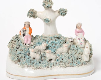Staffordshire Pastoral Porcelain Group of Shepherd & Sheep, c.1825