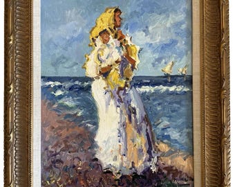 Mother and Child on Beach Oil Painting Gilt Wooden Frame 18''x15'' Spanish Style