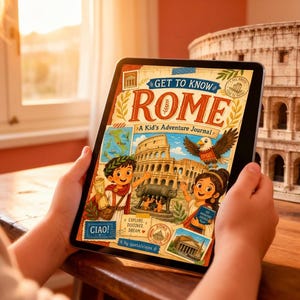 Può includere: Un tablet digitale che mostra una copertina illustrata colorata intitolata Get to Know Rome: A Kid's Adventure Journal. L'illustrazione presenta un bambino in toga, il Colosseo, un'aquila calva e la statua della Lupa Capitolina con il testo Ciao.