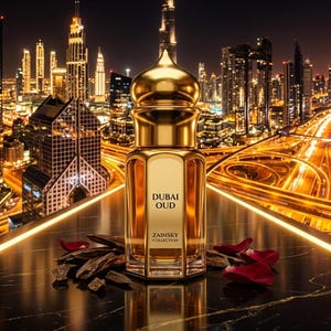 May include: A rectangular glass perfume bottle with a gold-toned cap and base, featuring the text DUBAI OUD and ZAINSKY COLLECTION on the front. The bottle is surrounded by small pieces of dark wood and red rose petals on a dark surface.