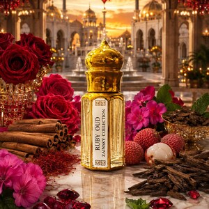 Könnte beinhalten: Ein goldfarbener Parfümflakon mit der Aufschrift Ruby Oud Zainsky Collection, umgeben von roten Rosen, Zimtstangen, Litschis, Safranfäden, dunklen Holzspänen, Minzblättern und facettierten roten Edelsteinen auf einer weißen Marmoroberfläche.