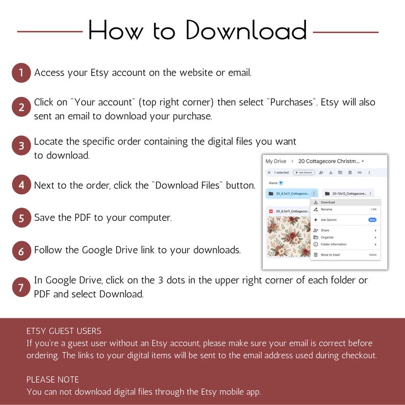 Download instructions for the Cottagecore Christmas digital paper pack with Etsy and Google Drive access steps.