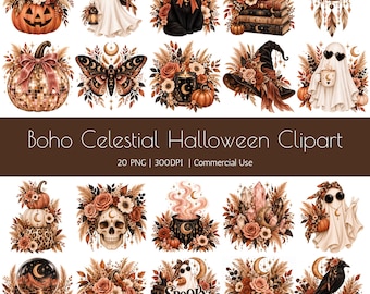 May include: A collection of digital illustrations featuring Halloween and celestial themes, including pumpkins, ghosts, black cats, skulls, crystals, and floral arrangements in warm earth tones with moon and star motifs, labeled Boho Celestial Halloween Clipart.