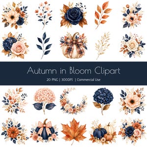 Höstblommig Clipart PNG-paket, marinblå persikafärgade akvarellblommor och pumpor, 20 sublimeringsdesigner