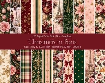 Christmas Paris Digital Paper Pack: Romantic French Designs, PDF JPG 300DPI