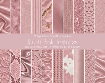 Blush Pink Textured Paper Pack, 20 Digital Backgrounds, Faux Fur, Geode, Animal Print