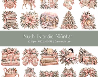 Blush Nordic Winter Clipart Bundle: 20 Pink Christmas PNG Illustrations, 300 DPI, Commercial Use
