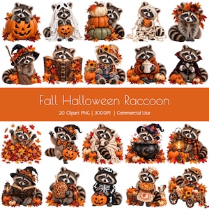 May include: A collection of twenty digital illustrations featuring raccoons in various Halloween and autumn-themed costumes and settings, including pumpkins, fall leaves, witch hats, and costumes, with the text Fall Halloween Raccoon 20 Clipart PNG.