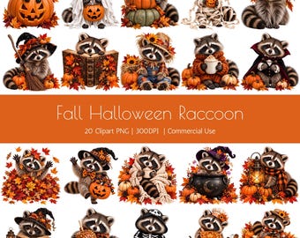 Fall Raccoon PNG Clipart Bundle, 20 Halloween Raccoon Designs, 300 DPI Commercial Use