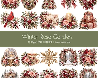 Winter Rose Garden PNG Clipart Bundle, Vintage Christmas Floral Graphics, 20 Digital Images