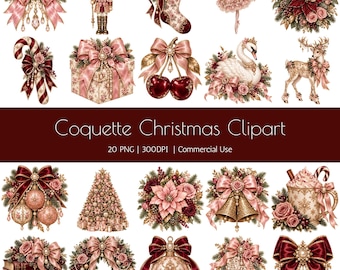 Coquette Christmas Clipart Bundle, Pink Burgundy PNG Holiday Graphics, 20 Designs (Digital Download)