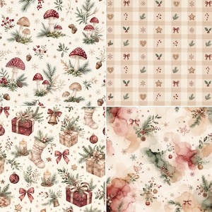 Cottagecore Xmas watercolor patterns with mushrooms, Christmas gifts, vintage gingham and rustic festive botanicals.