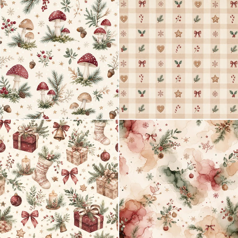 Cottagecore Xmas watercolor patterns with mushrooms, Christmas gifts, vintage gingham and rustic festive botanicals.
