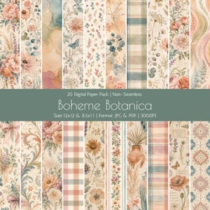 Digitalt papperspaket med utskrivbara blommiga scrapbook-bakgrunder i bohemiskt botaniskt motiv