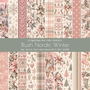 Può includere: Una collezione di 20 carte digitali con temi invernali in rosa cipria e crema. I motivi includono paesaggi innevati, fiocchi di neve, trame lavorate a maglia, cervi, tartan, stelle di Natale, ornamenti e calze. Testo: 20 Digital Paper Pack Blush Nordic Winter.
