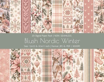 Blush Nordic Winter Digital Paper Pack, Pink Christmas Scrapbook Backgrounds, 20 JPG PDF Designs