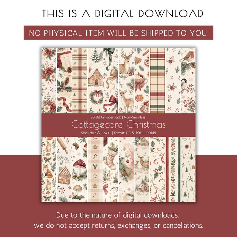 Cottagecore Christmas digital paper pack with 20 watercolor holiday patterns as an instant digital download.