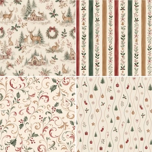 Vintage Christmas watercolor patterns with winter woodland deer, cottage scenes, holly, festive stripes and holiday motifs.