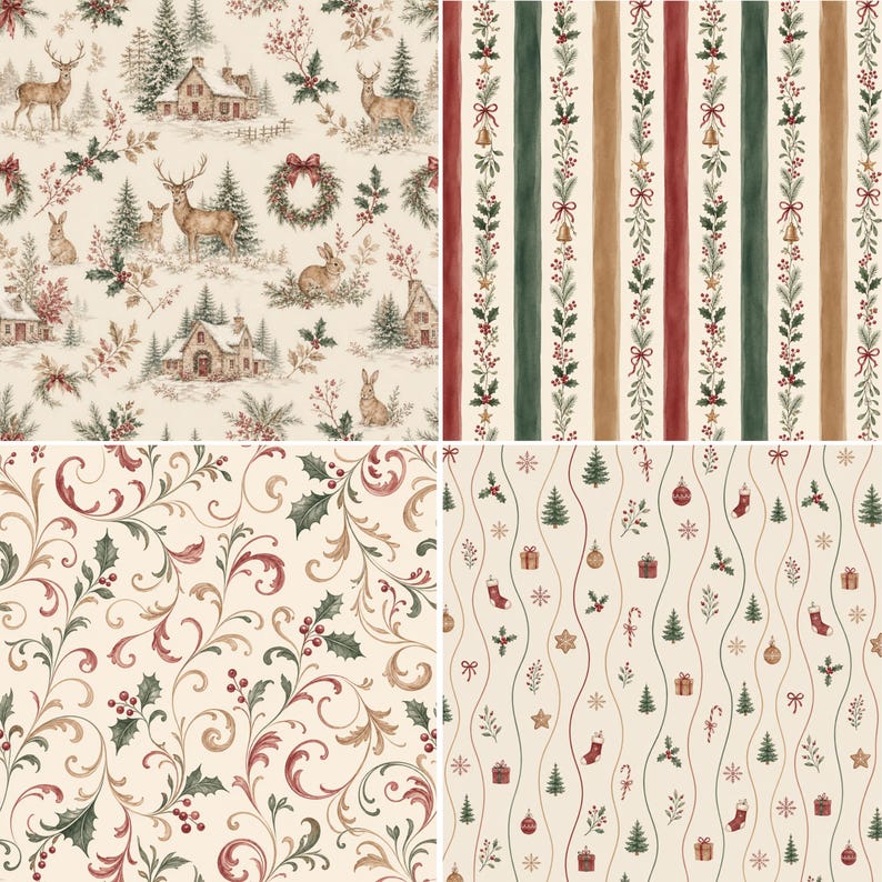 Vintage Christmas watercolor patterns with winter woodland deer, cottage scenes, holly, festive stripes and holiday motifs.