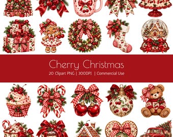 Cherry Christmas Clipart Bundle, Red Gingham Holiday PNG Graphics, 20 Digital Images