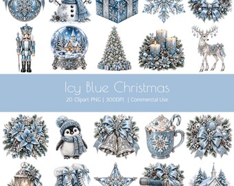 Icy Blue Christmas Clipart PNG Bundle, 20 Winter Holiday Graphics, 300 DPI