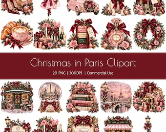 Christmas in Paris Clipart Bundle, French Holiday Graphics, 20 Pink Christmas PNG Designs
