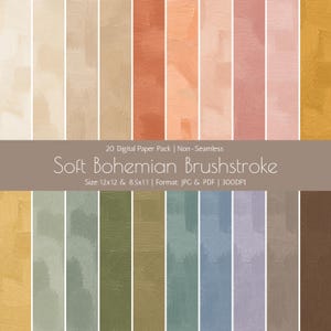 Könnte beinhalten: Eine Sammlung von 20 digitalen Papieren mit weichen Pinselstrich-Texturen in Beige, Terrakotta, Pfirsich, Rosa, Senf, Salbeigrün, Oliv, Blau, Lavendel und Braun. Text: 20 Digital Paper Pack | Non-Seamless Soft Bohemian Brushstroke Size: 12x12 & 8.5x11 | Format: JPG & PDF | 300DPI