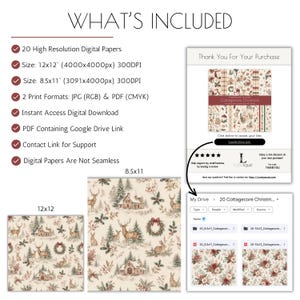 Cottagecore Christmas digital paper pack with 20 high-resolution watercolor holiday patterns in JPG and PDF formats.