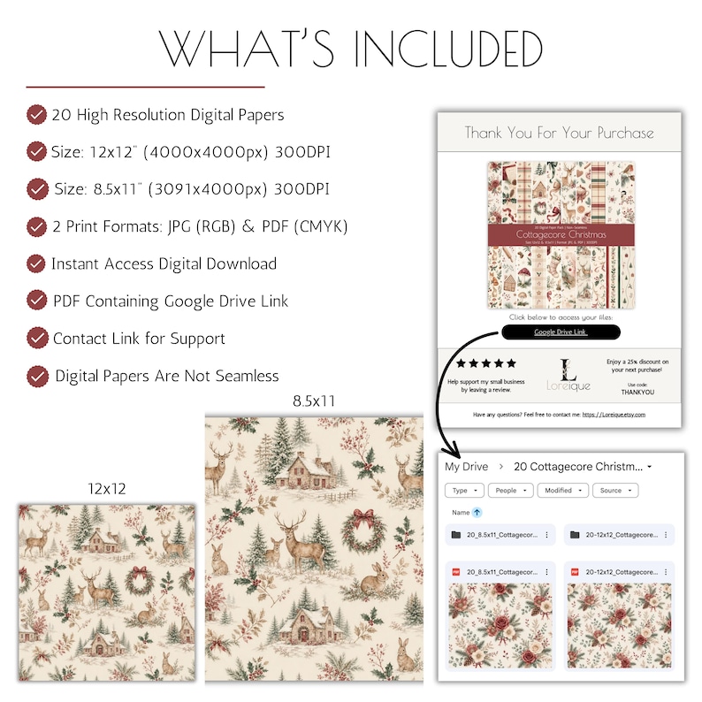Cottagecore Christmas digital paper pack with 20 high-resolution watercolor holiday patterns in JPG and PDF formats.