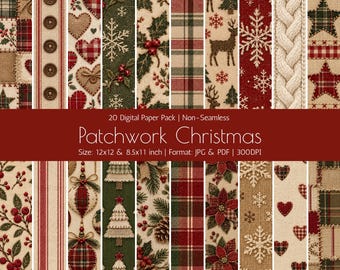 Patchwork Christmas Digital Paper Pack, Rustic Plaid Burlap Holiday Patterns, 20 JPG PDF Papers