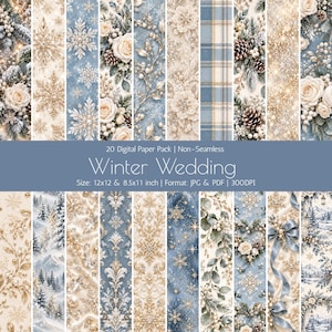 Op de afbeelding: Een collectie van 20 digitaal papier met winterse bruiloftsthema's in blauwe, crèmekleurige en gouden tinten. Patronen bevatten sneeuwvlokken, witte rozen, dennenappels, ruiten en besneeuwde landschappen. Tekst: 20 Digital Paper Pack | Non-Seamless Winter Wedding Size: 12x12 & 8.5x11 inch | Format: JPG & PDF | 300DPI.