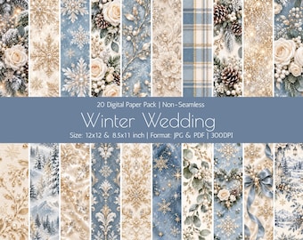 Winter Wedding Digital Paper Pack, Blue Gold Christmas Scrapbook Backgrounds, 20 JPG PDF Papers