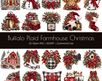 Buffalo Plaid Farmhouse Christmas Clipart Bundle, 20 PNG Holiday Digital Art