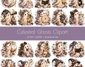 Celestial Ghost PNG Graphics, 20 Astronomical Clipart Bundle (Digital Download) – Mystical Floral Tarot