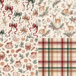 Rustic winter cottagecore Christmas patterns with watercolor bows, woodland deer, festive drinks and vintage plaid.