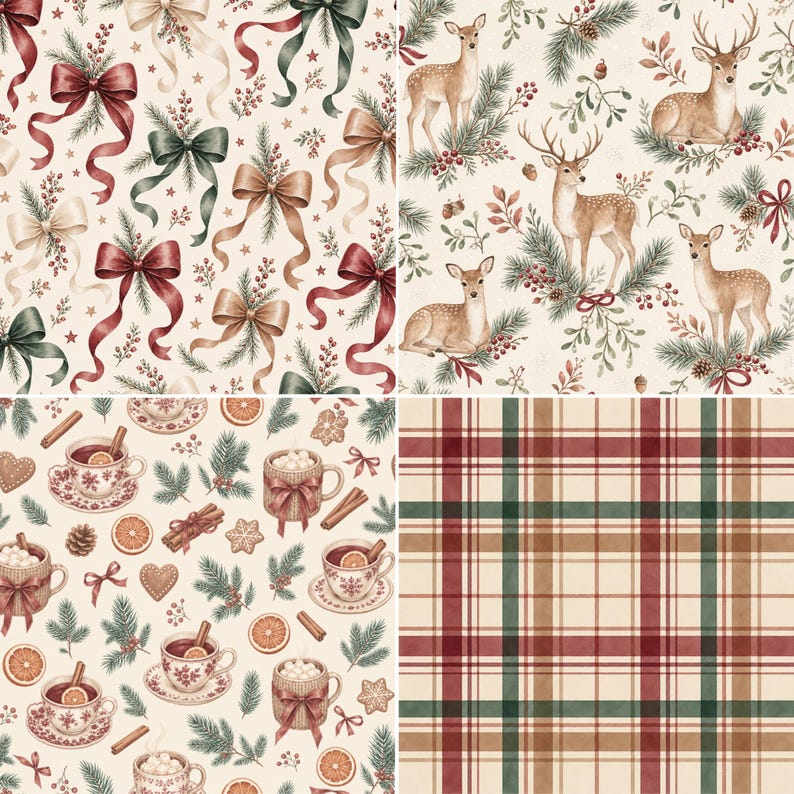 Rustic winter cottagecore Christmas patterns with watercolor bows, woodland deer, festive drinks and vintage plaid.