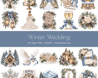 Winter Wedding Clipart PNG Bundle, Blue Ivory Snowy Bridal Graphics, 20 Piece Set