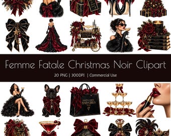 Femme Fatale Christmas Clipart Bundle: 20 Black Noir Glamour PNGs (Digital Download)