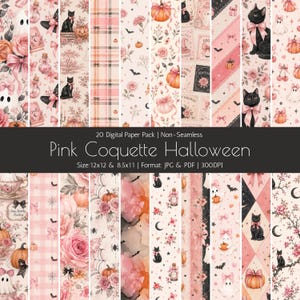 Digitalt papperspaket med rosa kokett för Halloween, papperspaket med spökkatt och pumpa för scrapbooking