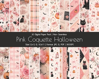 Paquete de papeles digitales de Halloween "Coqueta rosa", paquete de papeles para álbumes de recortes de calabazas con gatos fantasma