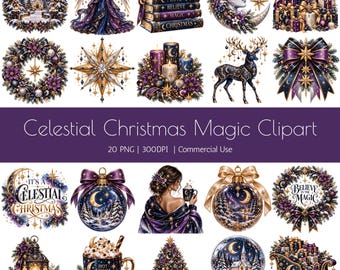 Celestial Christmas Clipart PNG Bundle, 20 Winter Moon Angel Holiday Graphics