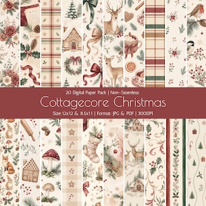 Op de afbeelding: Een digitaal papierpakket genaamd Cottagecore Christmas met 20 niet-naadloze patronen met aquarelillustraties van herten, peperkoekhuisjes, hulst, dennenappels, paddenstoelen, vogels, kerstsokken en ruitpatronen in rood, groen en crème.