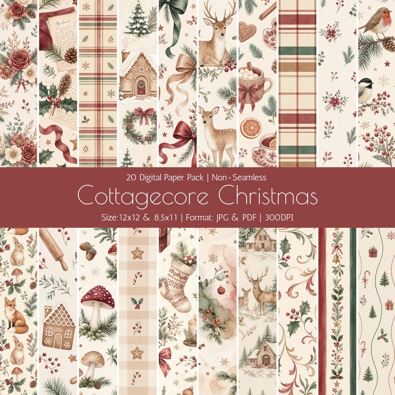 Cottagecore Christmas digital paper pack with watercolor holiday patterns, vintage florals, winter woodland animals and festive backgrounds.