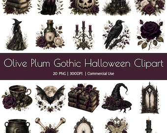 Olive Plum Gothic Halloween Clipart PNG Bundle, 20 Witchy Dark Floral Transparent Digital Images