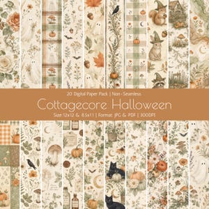 Puede incluir: Un paquete de papel digital con veinte patrones que incluyen ilustraciones de fantasmas, calabazas, setas, gatos negros, animales del bosque con sombreros, hojas de otoño y motivos florales en tonos suaves con el texto Cottagecore Halloween.