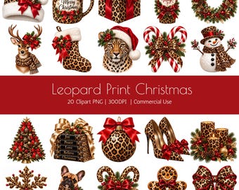 Leopard Print Christmas Clipart PNG Bundle: Red Black Gold Graphics, Bows, Reindeer, Candy Canes