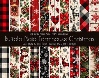 Buffalo Plaid Christmas Digital Paper Pack, Farmhouse Holiday Patterns, 20 JPG PDF Designs