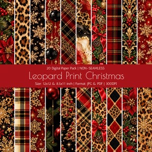 Op de afbeelding: Een digitaal papierpakket met 20 ontwerpen met luipaardprint, rode kerststerren, gouden sneeuwvlokken, zwarte ornamenten, ruitpatronen en kerstbomen. De tekst luidt 20 Digital Paper Pack | NON-SEAMLESS Leopard Print Christmas Size: 12x12 & 8.5x11 inch | Format: JPG & PDF | 300DPI.
